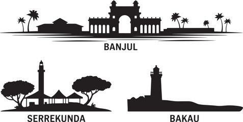 Obraz premium Gambia city silhouettes featuring banjul arch 22 serrekunda landscape and bakau lighthouse icon