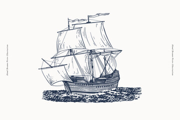 Old ship. Sailboat is sailing on the sea. Old-time frigate is a symbol of adventure and treasure hunting. Vector illustration in engraving style.