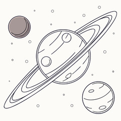 A line drawing of planets and rings in space with a moon and stars © Rifat