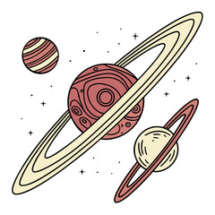 Colorful illustration of planets and rings in a cartoon style © Rifat