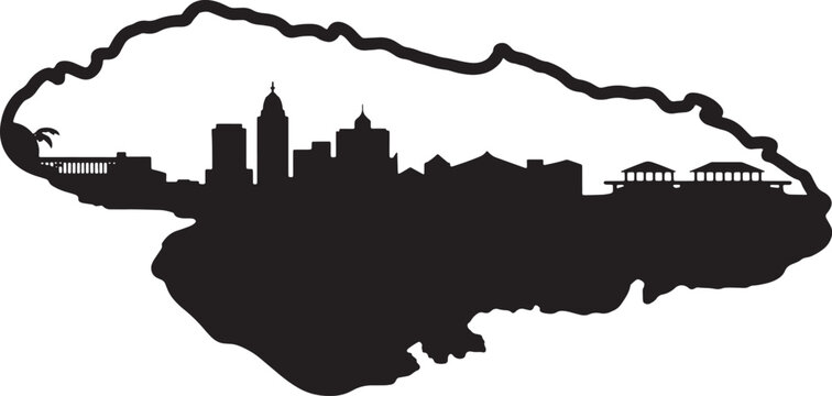 Honduras map outline silhouette with urban cityscape and tropical palm tree coastal elements