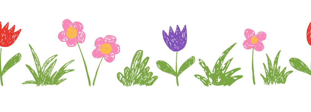 Childlike kids drawing floral border with grass, flowers chalk or crayon scribble texture. Spring summer plants, meadow seamless ornament