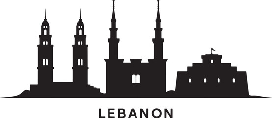 Obraz premium Lebanon skyline silhouette with iconic mosque towers and historical fort on transparent background