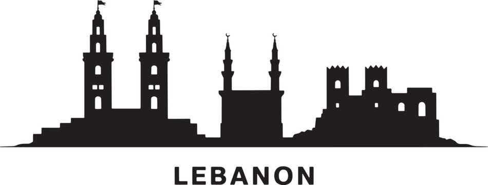 Lebanon skyline silhouette featuring ancient ruins and islamic architecture on transparent background