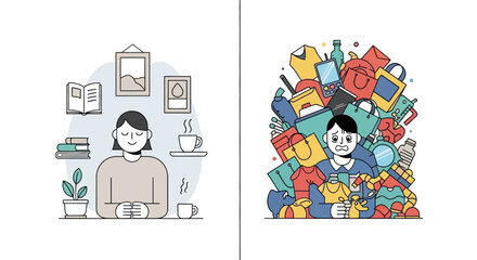 Fototapeta premium Illustrations exploring the contrast between mindful living and excessive consumption