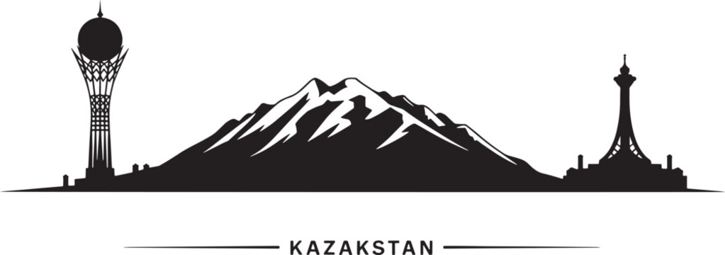 Panoramic black silhouette skyline of kazakhstan with bayterek tower mountain range and architectural landmarks