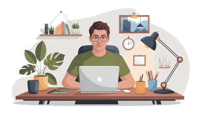 A young professional man sitting at his wooden desk while working on a silver laptop computer Vector