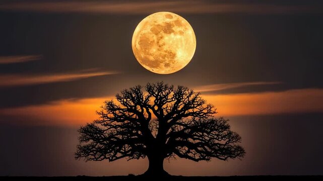 Large full moon rising directly above a lone silhouette oak tree against a vibrant orange twilight sky