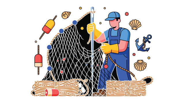 Fishing Craft Illustration: A skilled artisan works with netting and other aquatic accouterments in this colorful illustration, depicting the traditional craft of fishing.