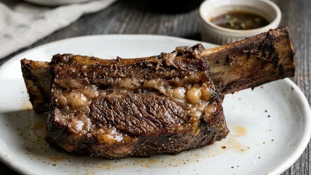 Slow cooked roasted bone in beef short rib seasoned with black pepper served on a rustic wooden table