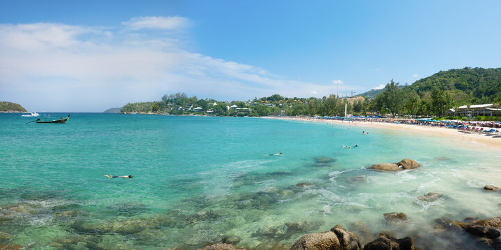 Kata Noi beach on a sunny day in Phuket, Thailand. Banner with place for text.