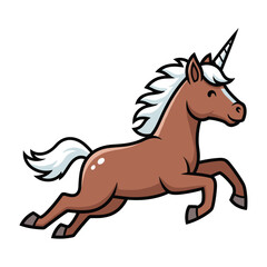 Fototapeta premium A happy galloping brown unicorn with a white mane and tail, featuring a black and white horn, isolated on a white background