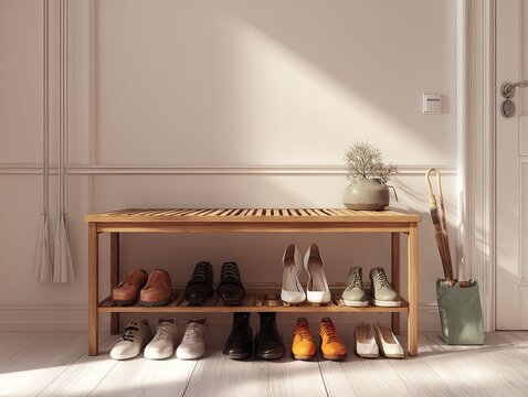 Shoe rack with various shoes indoors.
