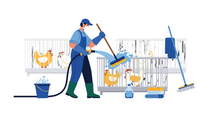 Cleaning Poultry Farm: A dedicated worker diligently cleans a poultry farm, ensuring a healthy and hygienic environment for the fowl, essential for maintaining standards. © Ajhar234