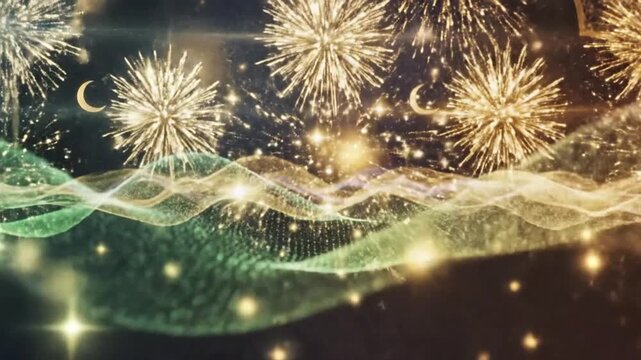 Festive golden crescent moons and shimmering particles form a decorative background perfect for religious event marketing materials.