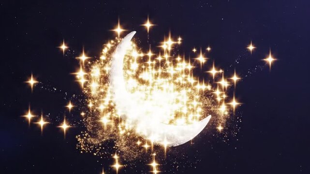Crescent moon shape surrounded by shimmering golden stars against a deep dark blue night sky for magical and festive celebrations.