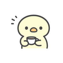 カップを持ってこちらを見るひよこの手書きイラスト　コーヒー・お茶・休憩 © Nitomaru