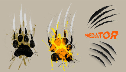 Fototapeta premium Set of grunge bear paw prints with sharp claws in black ink splatter style. Wild animal footprint sketches isolated on white for tattoo, t shirt design, tribal art, wilderness survival concept.