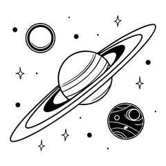 Black and white illustration of a planet with rings and moons © Ki