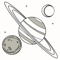 A vector illustration of a planet with rings and two moons in a cartoon style for educational or decorative purposes © Ki