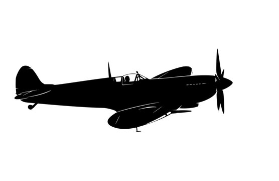 WWII Spitfire Fighter Plane Aviation Silhouette, Classic British Military Aircraft Vector Sticker, Historical War Plane Flight Illustration