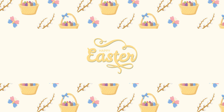Festive Happy Easter design in yellow script on cream background, surrounded by baskets of eggs, pussy willow branches, and butterflies, cheerful seasonal holiday motif for cards and wrapping