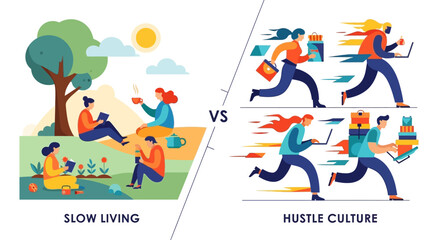 Fototapeta premium Balancing Serenity and Ambition Illustrating the Contrast Between Mindful Living and Fast-Paced Productivity