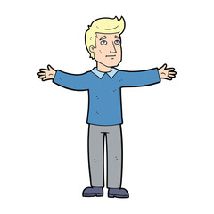 Obraz premium A cartoon drawing of a man with blonde hair and a blue shirt, standing with his arms outstretched