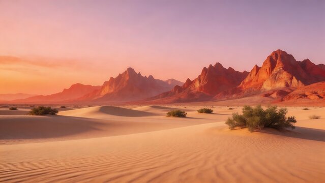 Desert landscape with sand dunes and mountains