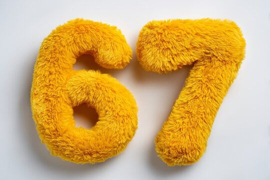 Fluffy Yellow Furry Numbers 6 and 7 on White Background. Six Seven. 6 7. Funny Meme.