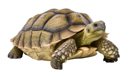 Obraz premium Detailed side view of a brown and olive green tortoise with textured shell and scaled legs, isolated on transparent background for animal studies