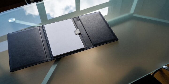 Open dark leather folio on smoked glass meeting table with blank paper insert and right copy space for business presentation background