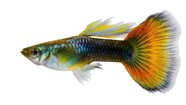 Vibrant male guppy fish displaying iridescent blue green yellow and orange scales, isolated on transparent background for aquatic design elements