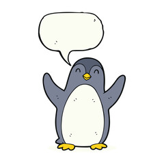 A happy cartoon penguin with outstretched flippers and a blank speech bubble above its head, ready for a message © Fahad