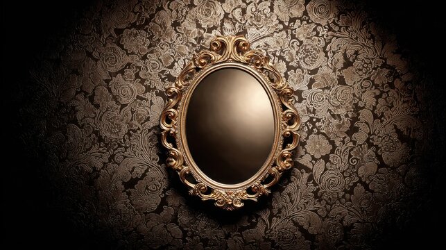 A Gilded Ornate Oval Mirror Hung on a Textured Floral Wallpapered Wall
