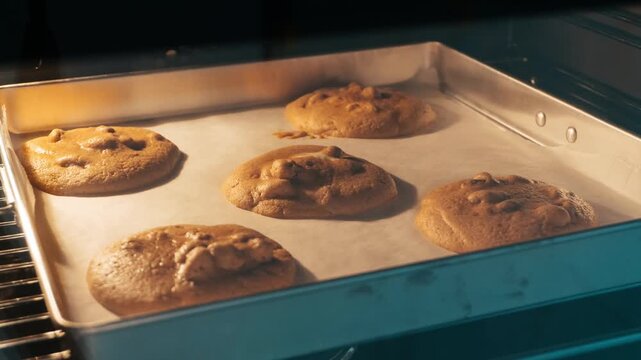 Chocolate chip cookies baking in oven on baking sheet time lapse footage