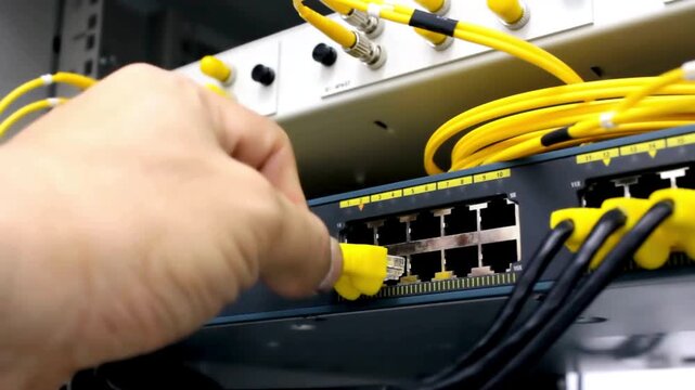 Hand connecting a yellow ethernet cable to a network switch with multiple cables