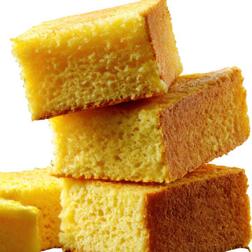 Stack of moist yellow cake pieces isolated on transparent background