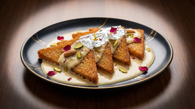 Shahi tukda indian fried bread dessert with rabri, silver leaf and rose petals