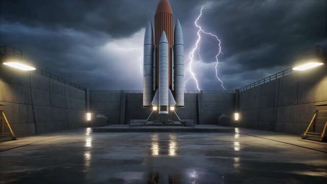 Rocket on launchpad during thunderstorm.