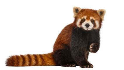 Obraz premium Adorable red panda with fluffy orange fur and black markings sitting attentively with one paw raised, isolated on transparent background for wildlife designs