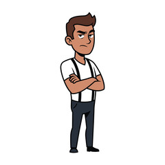 Fototapeta premium A cartoon illustration of a young man with a serious expression and crossed arms, standing confidently