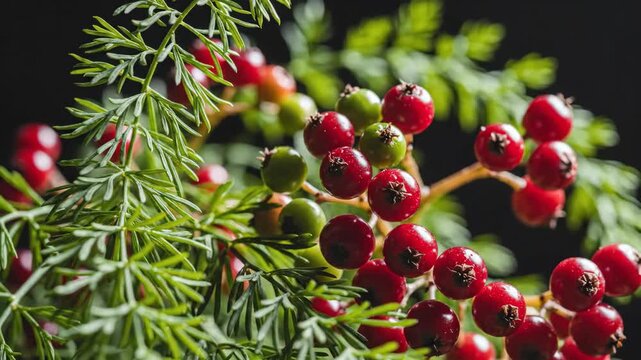 Macro view of an asparagus plant with red and green berries. Ripe seeds on feathery foliage with water droplets on a black background. Agriculture and vegetable farming concept