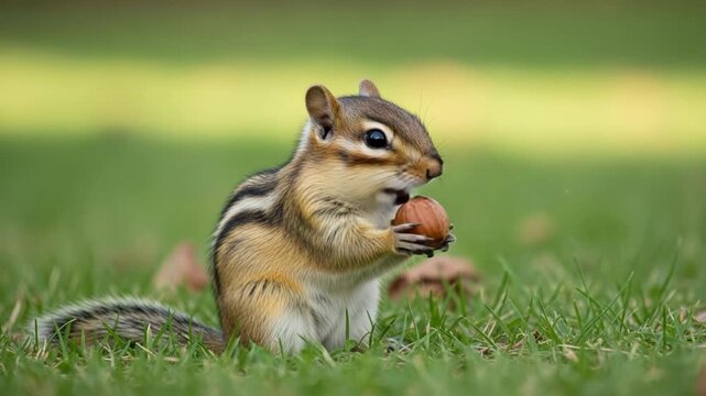 Small striped chipmunk sitting on a green grass field holding a round hazelnut between its paws
