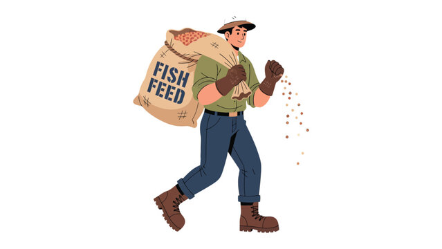 Man Carrying Fish Feed: A determined figure transports a burlap sack of fish feed, scattering a trail of pellets, embodying the essence of aquaculture labor and commitment to the industry.
