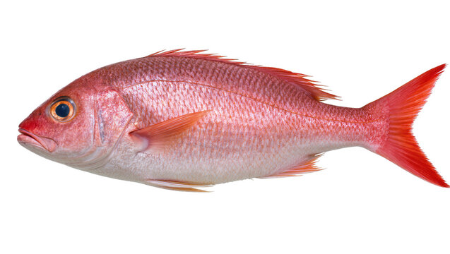 Vibrant red snapper fish with shimmering scales and a pronounced dorsal fin, isolated on transparent background for marine biology studies