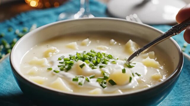 Close-up of creamy potato soup with chives and sour cream. Spoon scooping hot chunky vegetable chowder. Traditional homemade comfort food concept