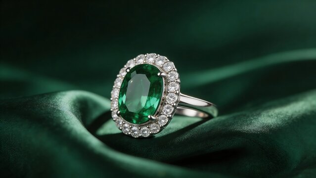 Emerald ring with diamonds on fabric