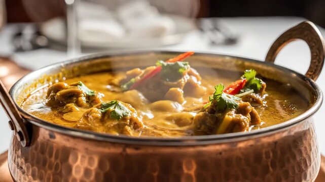 A steaming hot bowl of traditional Indian lamb curry in a copper dish. Close-up of a delicious spicy meal in a restaurant. Authentic Asian cuisine concept