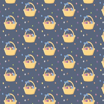 Seamless Easter pattern with yellow baskets of colorful eggs and scattered multicolored dots on dark blue background, festive design for wrapping paper, textiles, and seasonal decor